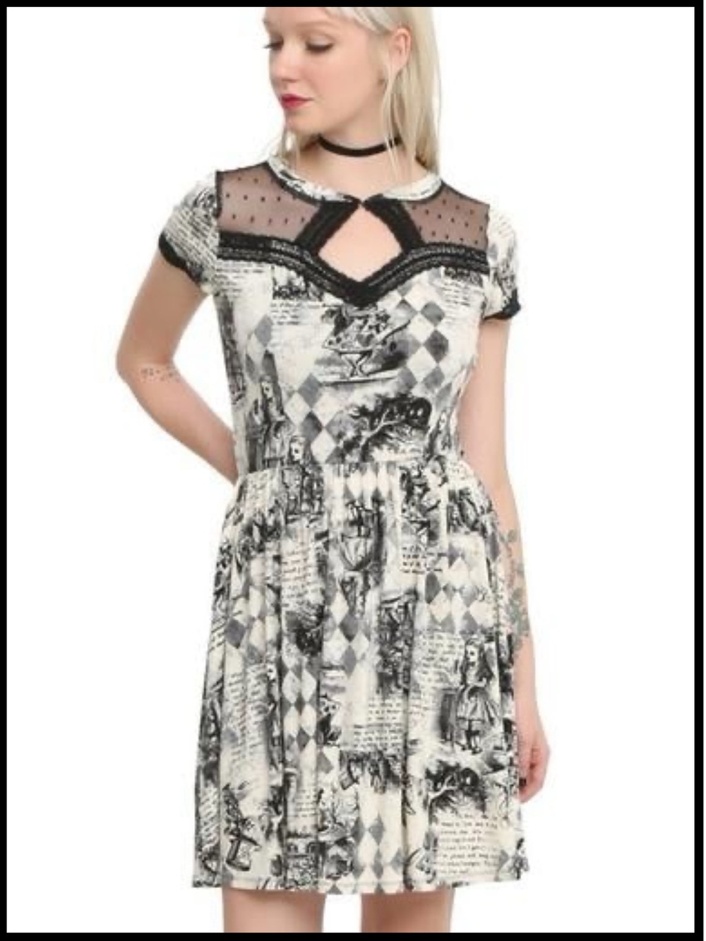 Torrid Alice in Wonderland Book Print Skater Dress Swiss Dot Illusion Lace Inset